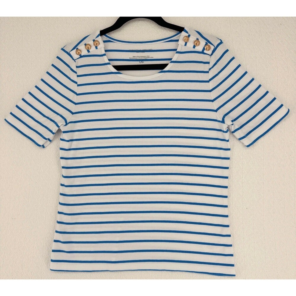 Christian Siriano Womens L‎ T-Shirt White Blue Striped Shoulder Buttons